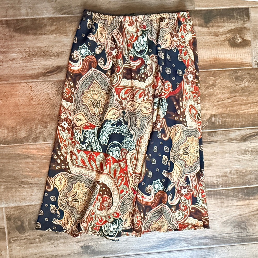 Brownstone Studio Vintage Womens Paisley Crochet Trim Midi Skirt,Navy Red Gold,M